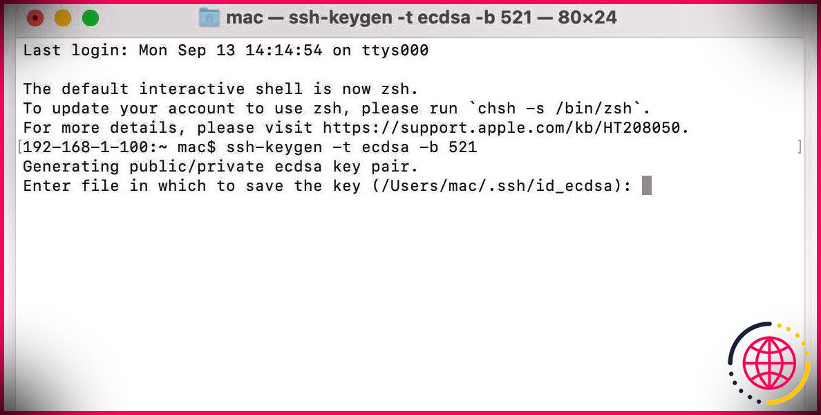 Fenêtre du terminal Mac avec ssh-keygen demandant le chemin du fichier.