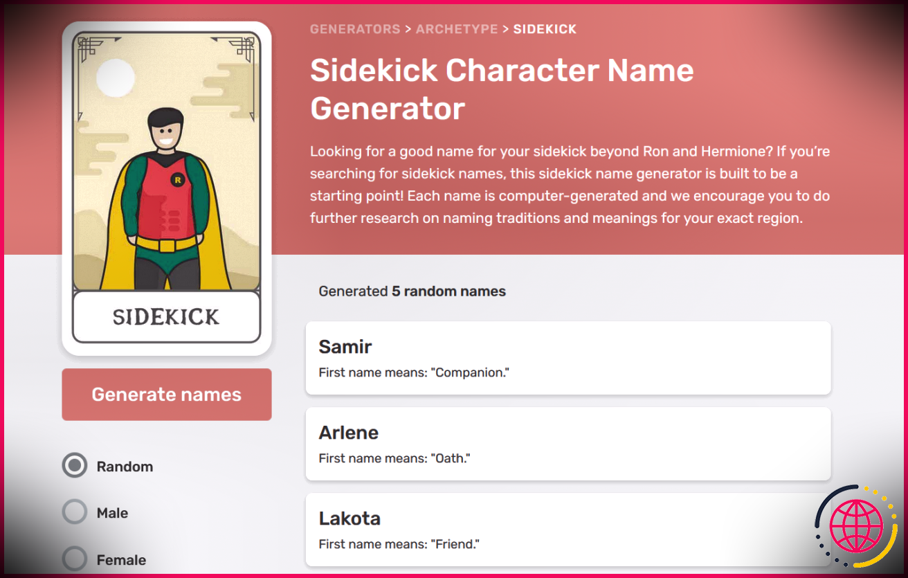 Générateur de noms aléatoires d'archétype Reedsy Sidekick