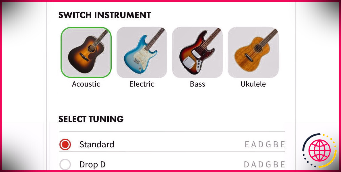 Interface accordeur Fender avec guitare, électrique, basse et ukulélé, ainsi que des options de réglage standard et drop d. 