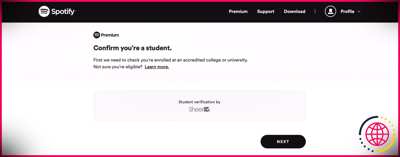 Invite Confirmer que vous êtes un étudiant sur Spotify Premium Student