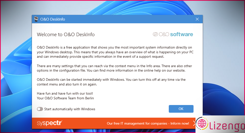 La fenêtre d'accueil d'O&O Desktop Info 