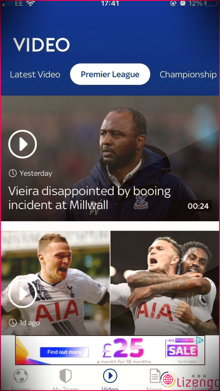 L'onglet Vidéo affichant un flux de vidéos sur l'application iOS de Sky Sports Scores.