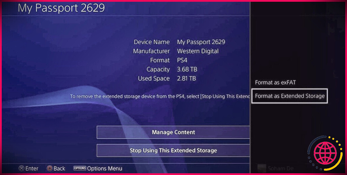 L'option Formater en tant que stockage étendu sur une PS4