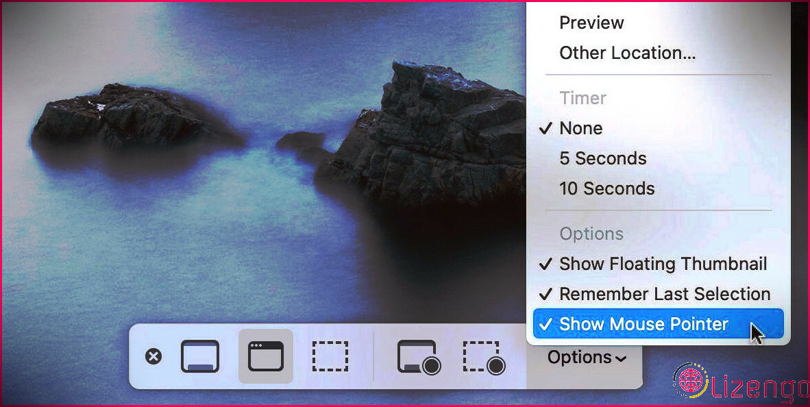 Menu des options de capture d'écran macOS avec Afficher le pointeur de la souris en surbrillance.