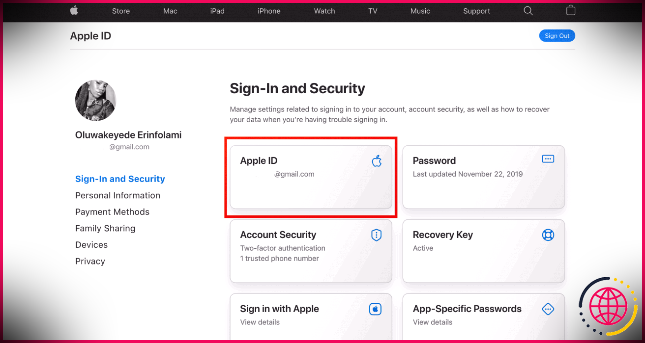 Page de connexion et de sécurité de l'identifiant Apple