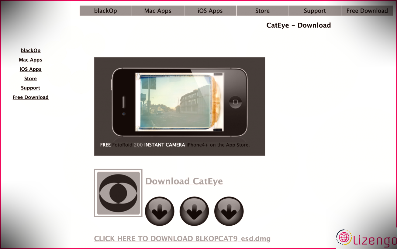 Page Web de téléchargement de CatEye sur le site Web de BLACKOP