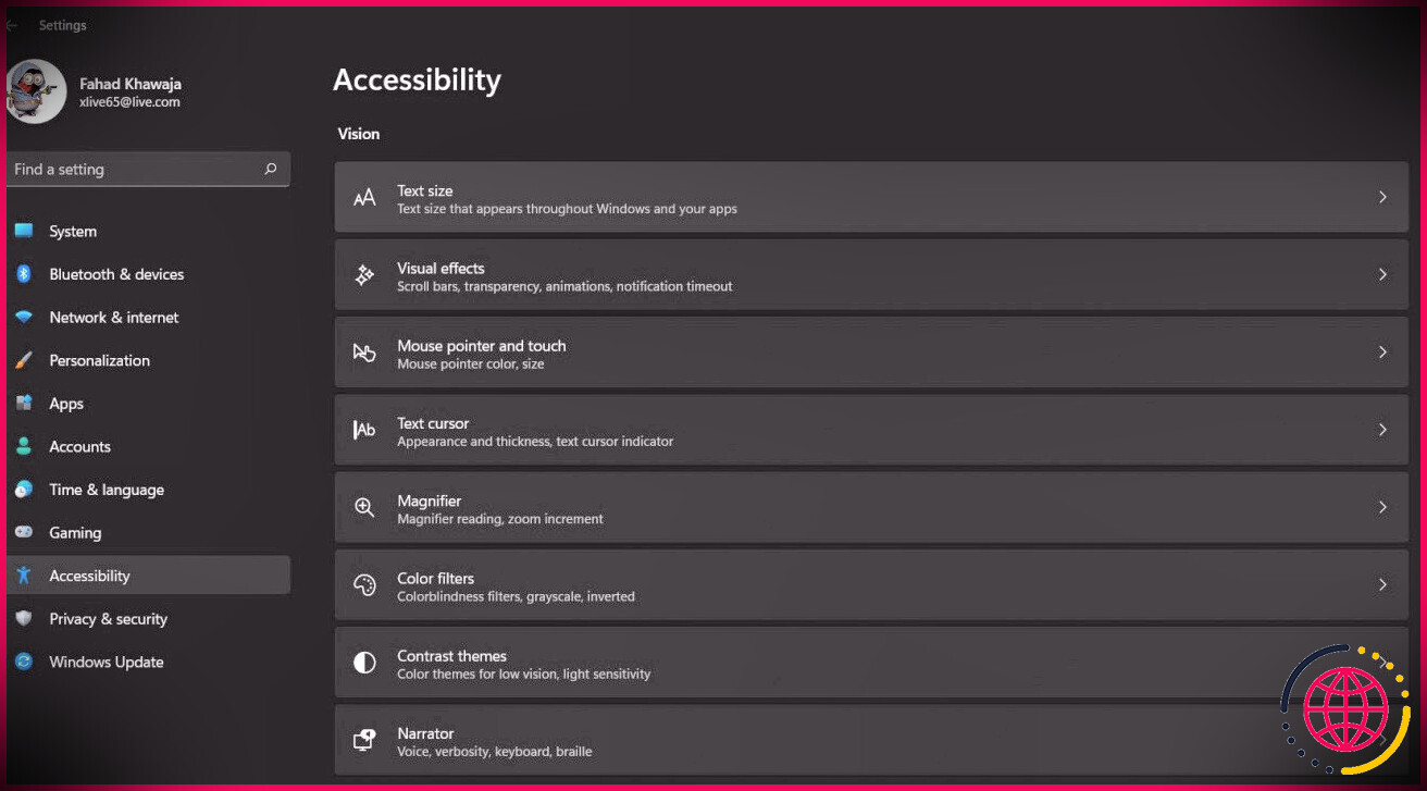 Paramètres d'accessibilité Windows 11