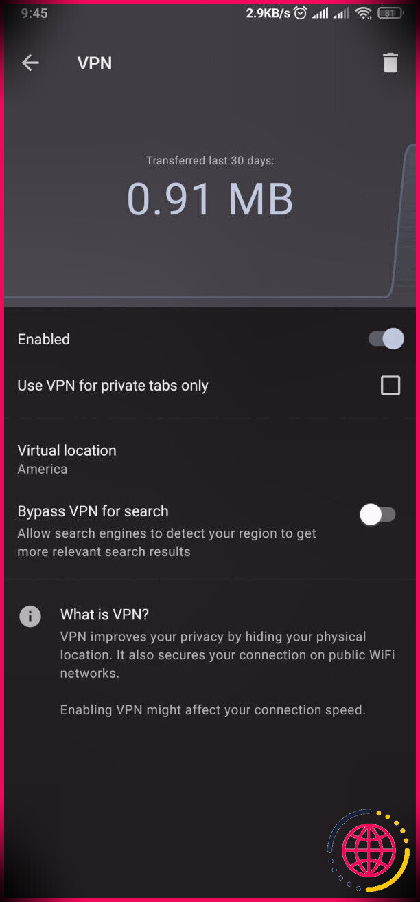 Paramètres du service VPN du navigateur Opera