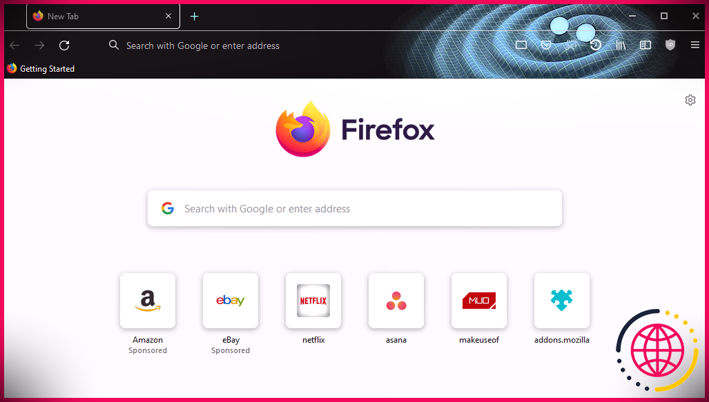 Une capture d'écran de Mozilla Firefox avec le thème Neutron Stars activé