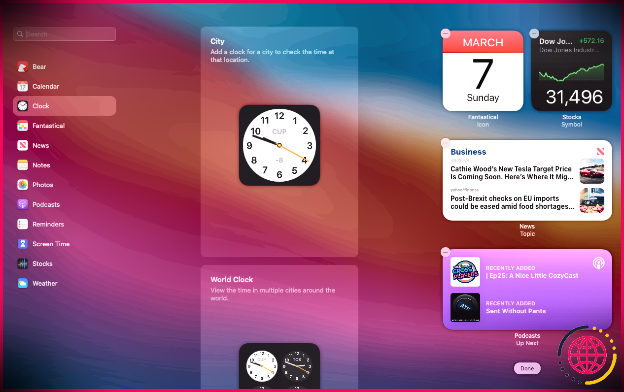 Une capture d'écran montrant les widgets macOS en mode édition.