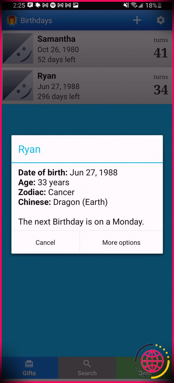 anniversaires pour l'application Android affichant les détails de l'anniversaire