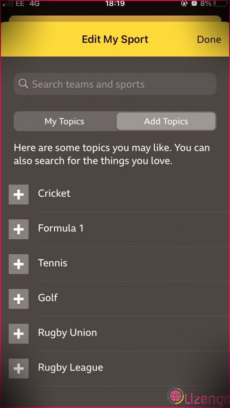 Sujets favoris sur l'application iOS BBC Sports - News & Live Scores.