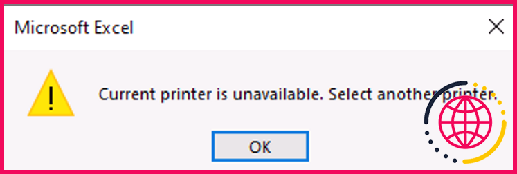 Message d'erreur de l'imprimante actuelle du filigrane Excel indisponible