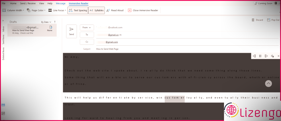 Outlook lu à haute voix dans les syllabes AZ du lecteur immersif