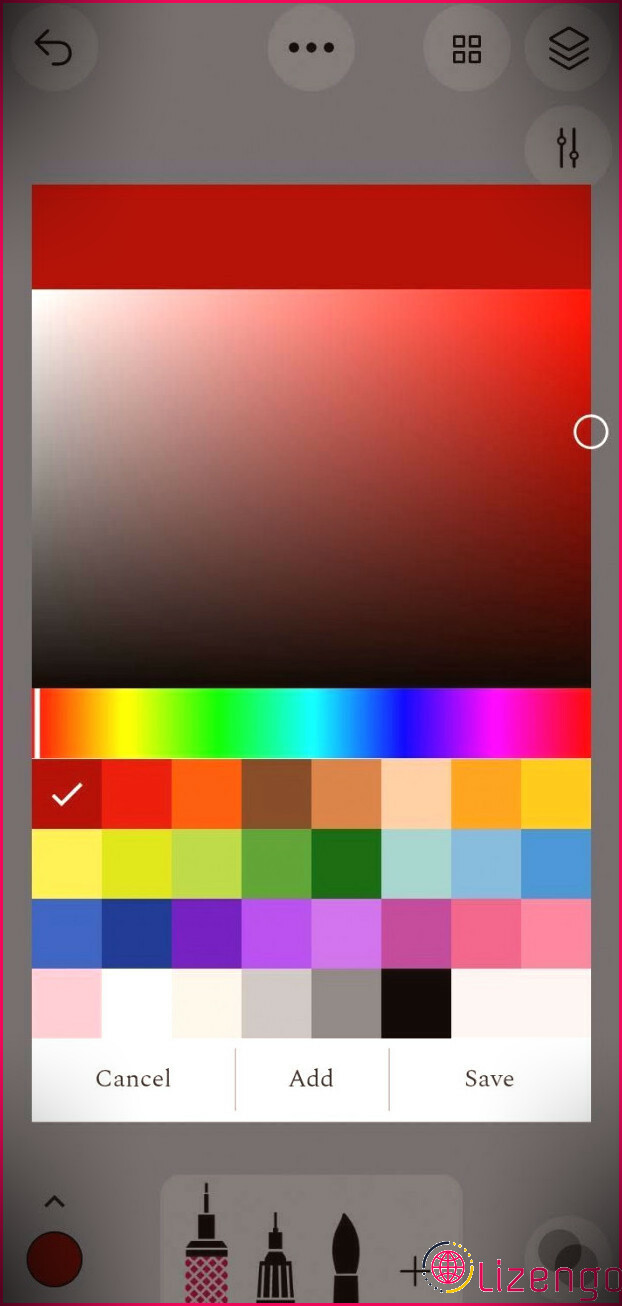 Capture d'écran de la palette de couleurs Tayasui Sketches