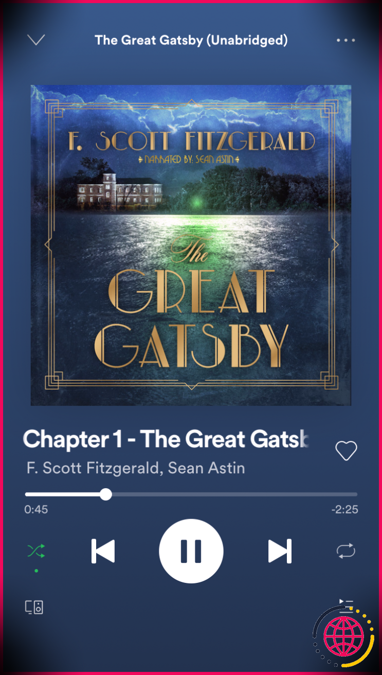 Livre audio The Great Gatsby sur le lecteur de Spotify