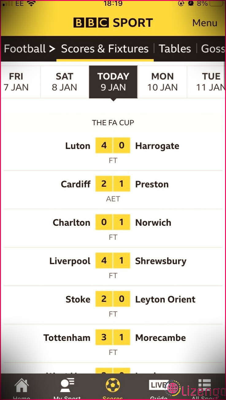 Résultats en direct de la FA Cup sur l'application iOS BBC Sport - News & Live Scores.