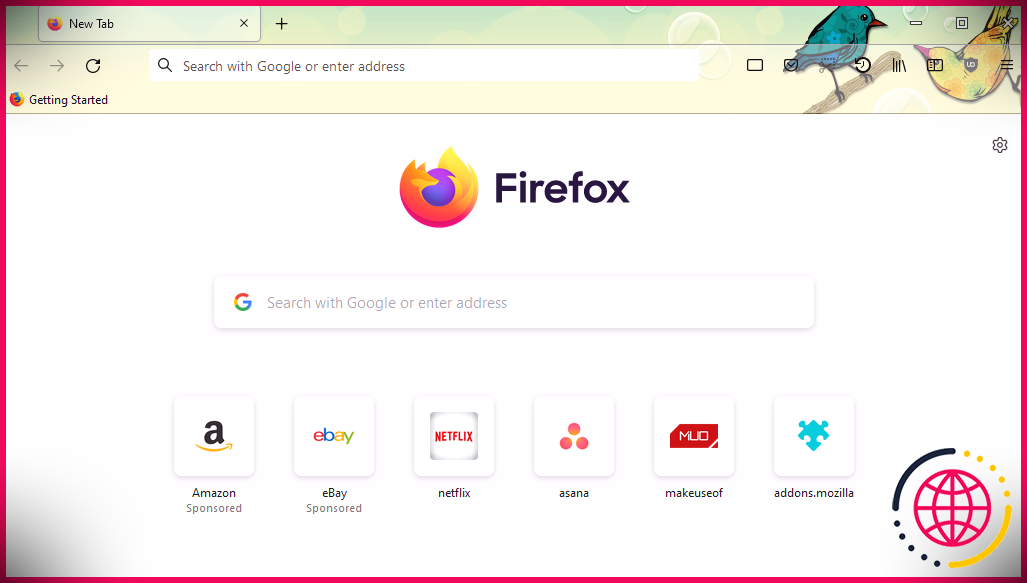 Une capture d'écran de Mozilla Firefox avec le thème Deux petits oiseaux activé