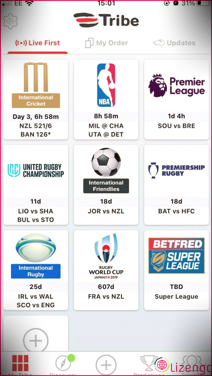 Une liste des différentes compétitions sportives sur l'application iOS Tribe: Live Sports Scores.