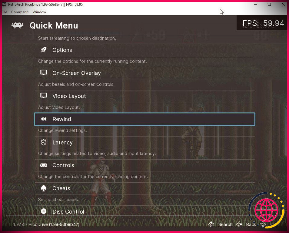 L'entrée Rewind dans le menu rapide de Retroarch permet d'activer et d'affiner les capacités d'inversion du temps d'un cœur.  Si disponible.