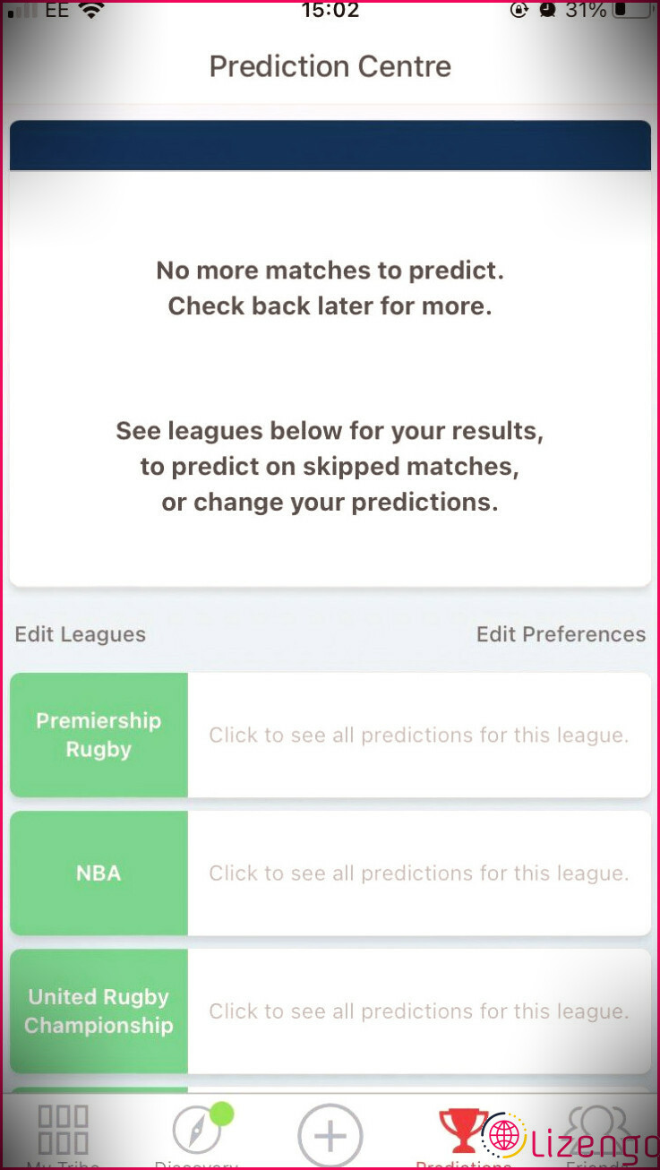 L'onglet Centre de prédiction sur l'application iOS Tribe: Live Sports Scores.
