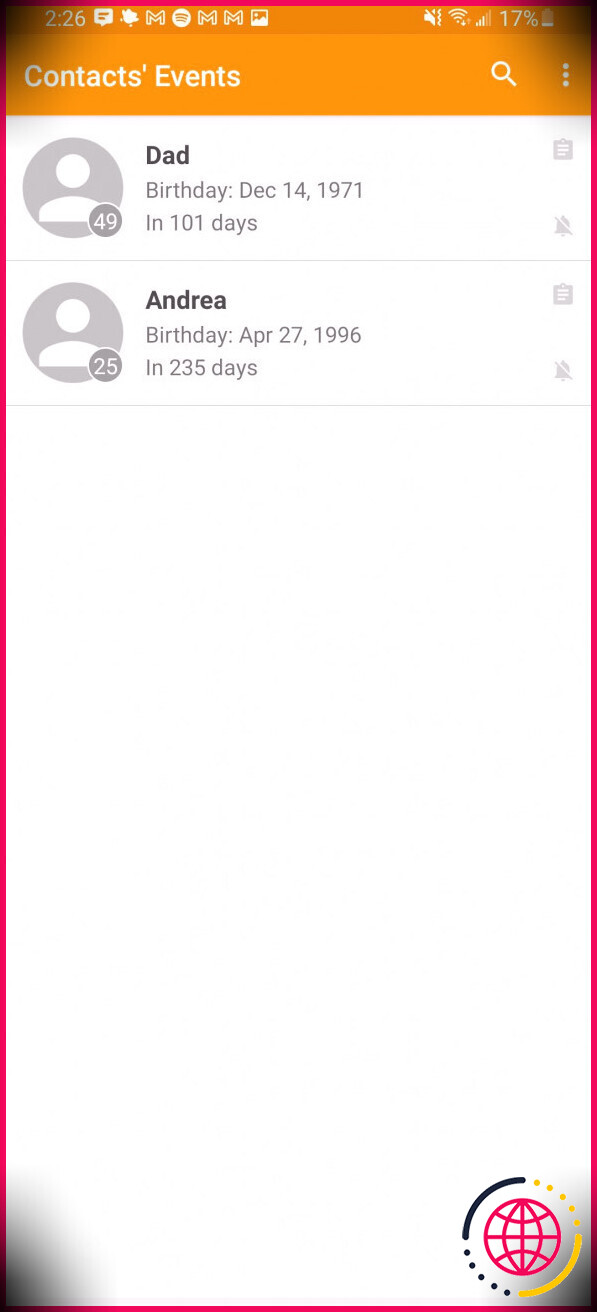 contacts anniversaires écran d'accueil de l'application affichant tous les événements actuels