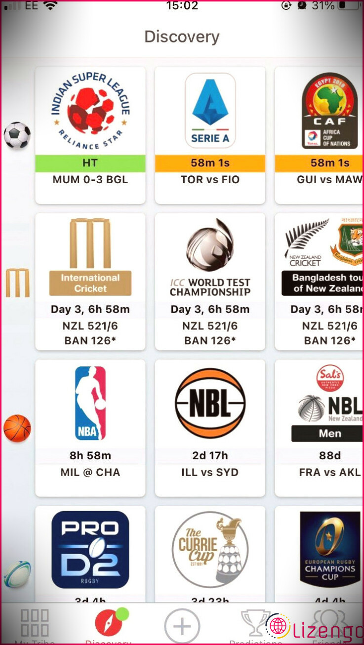 L'onglet Découverte de l'application iOS Tribe: Live Sports Scores.