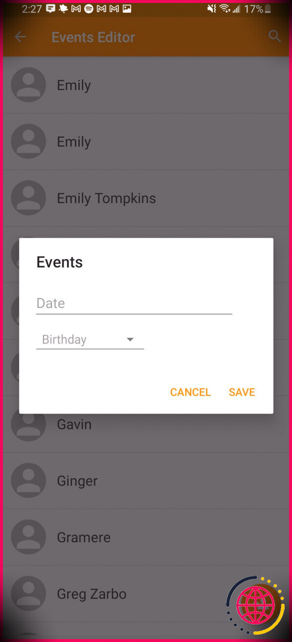 contacts anniversaires applications ajouter une nouvelle entrée d'événement