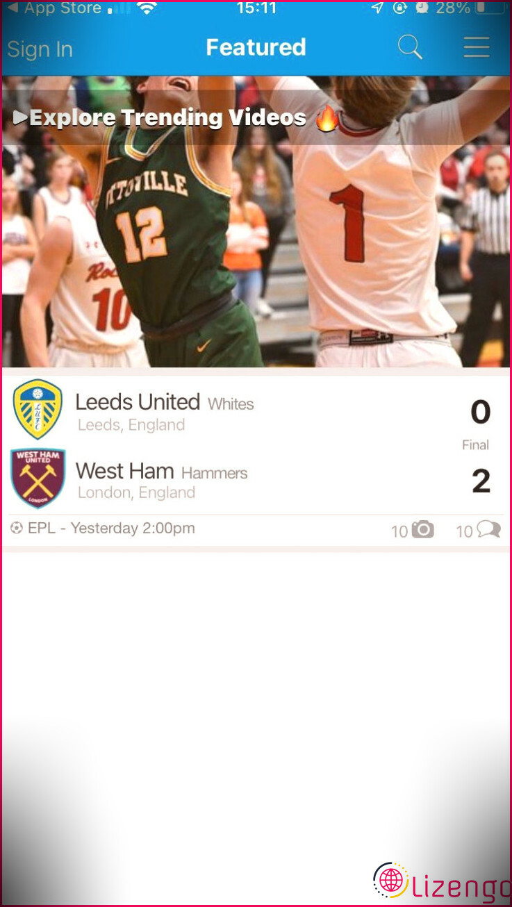Les résultats d'un match Leeds United vs West Ham sur l'application iOS ScoreStream Sports Scores.