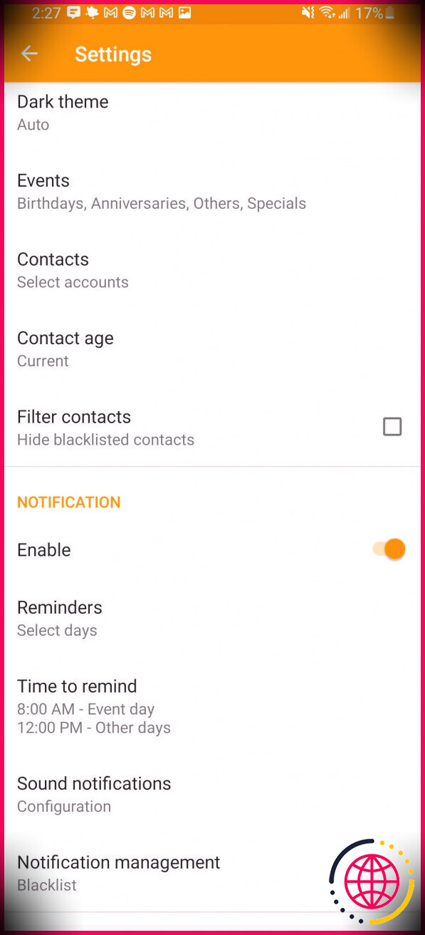contacts anniversaires paramètres des applications