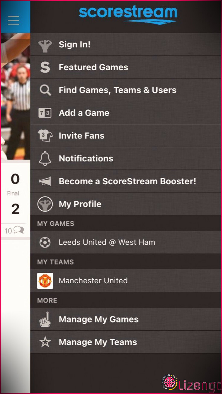 Un menu déroulant Paramètres sur l'application iOS ScoreStream Sports Scores.