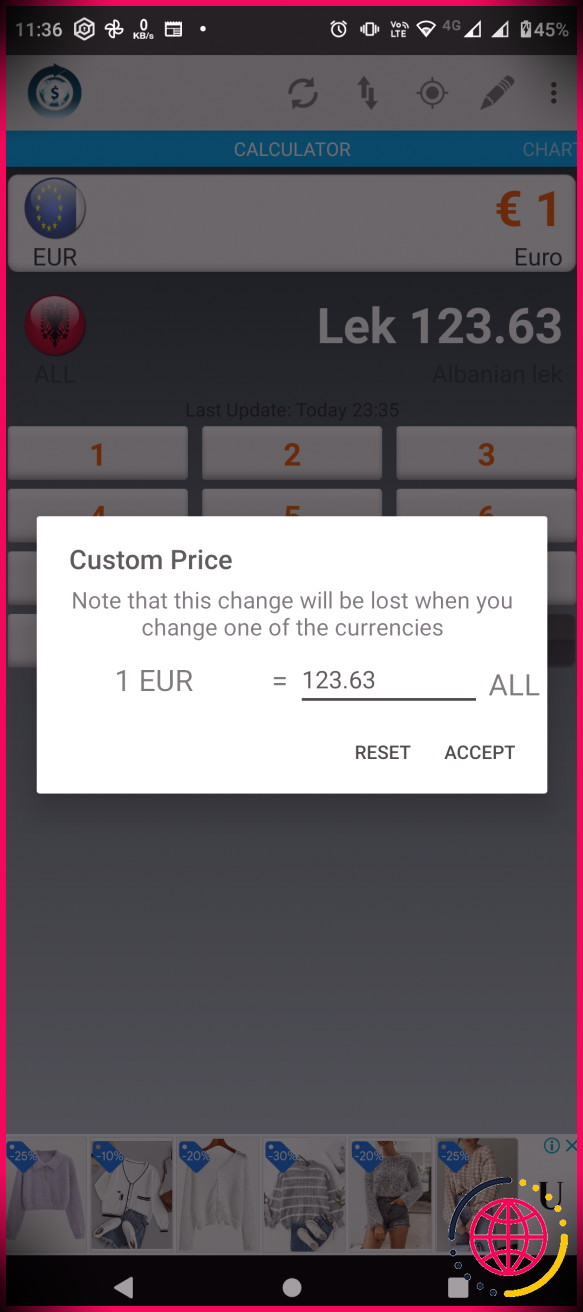 Vérification du prix personnalisé de 1 euro dans une devise différente 