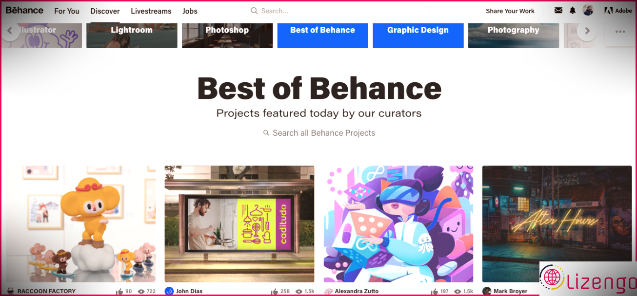 Capture d'écran de la page de découverte de Behance 