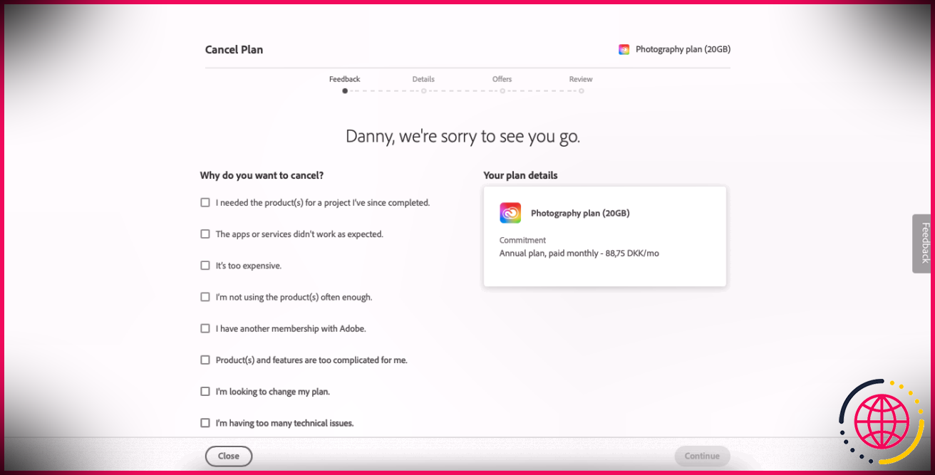 Capture d'écran de la page demandant pourquoi un utilisateur souhaite quitter Adobe