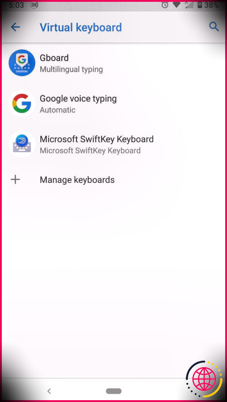 capture d'écran du clavier virtuel Android