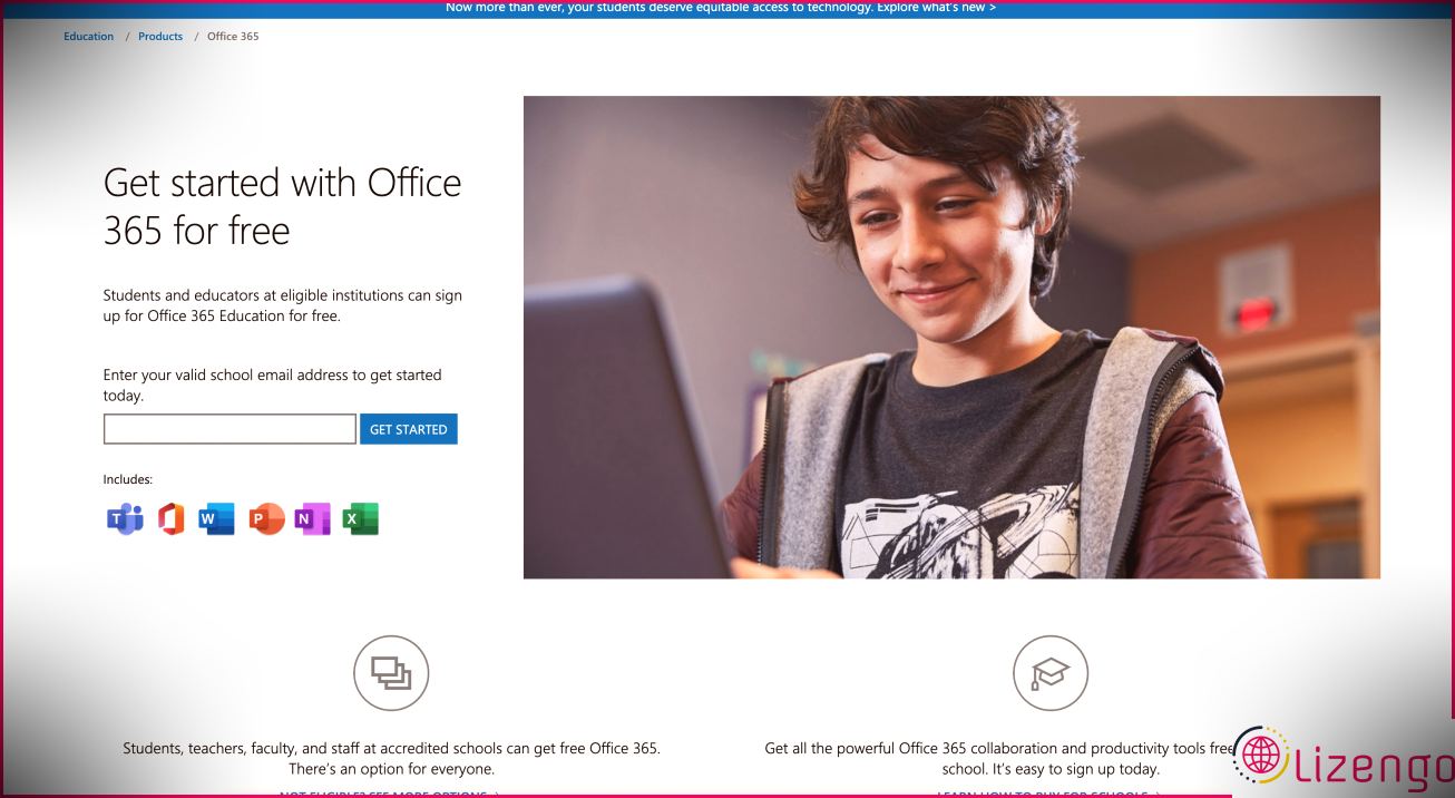 Capture d'écran du site Web Office 365 Academic 