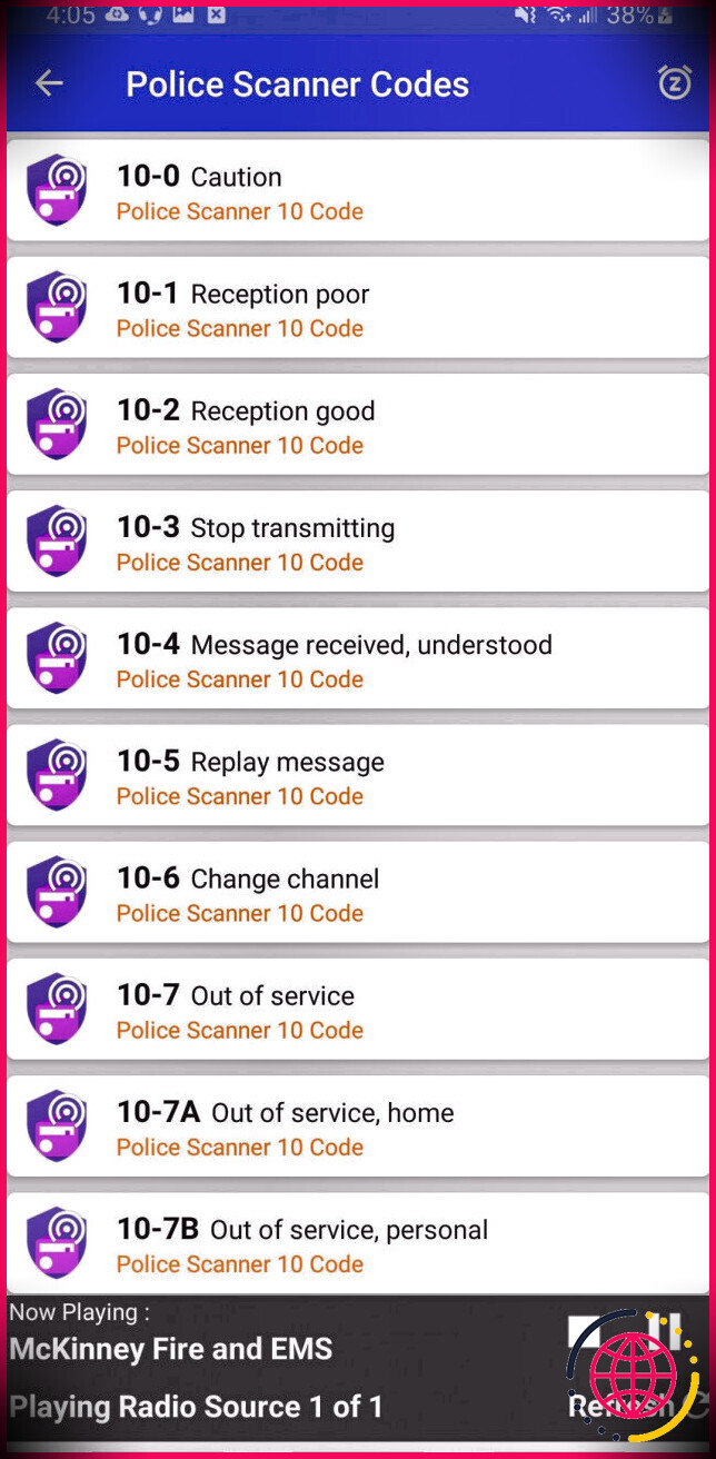 codes d'application du scanner de police