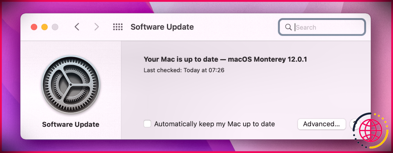 Écran de mise à jour logicielle sur un Mac.