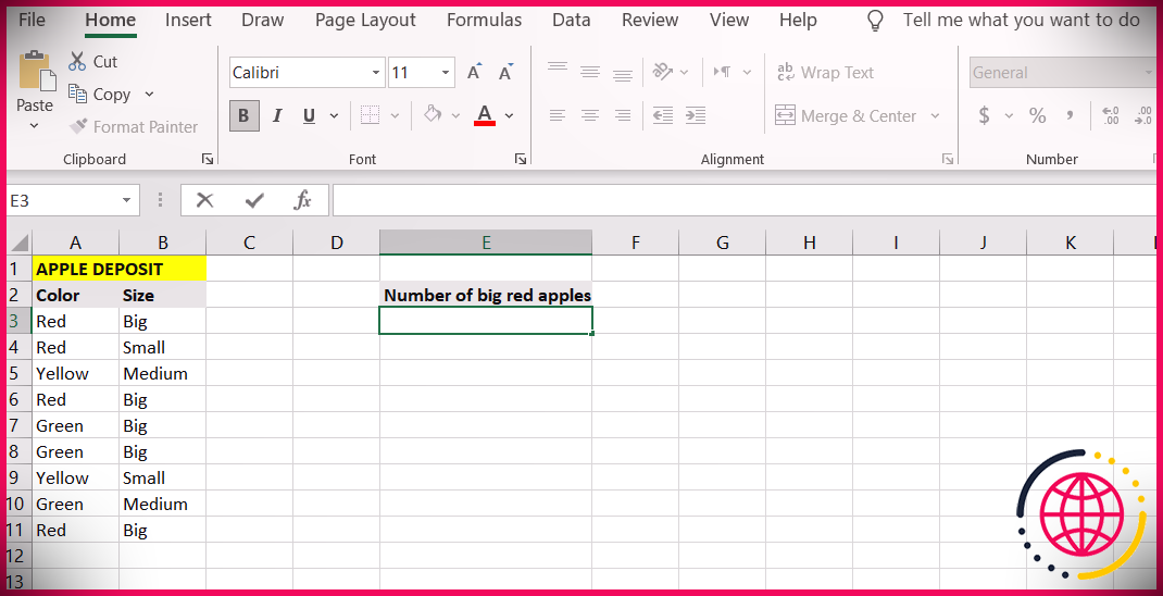 Exemple COUNITFS dans Excel.