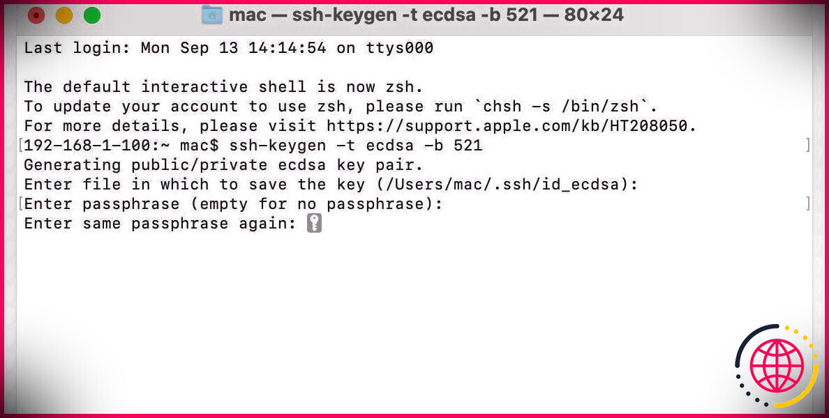 Fenêtre du terminal Mac avec ssh-keygen demandant une phrase secrète.