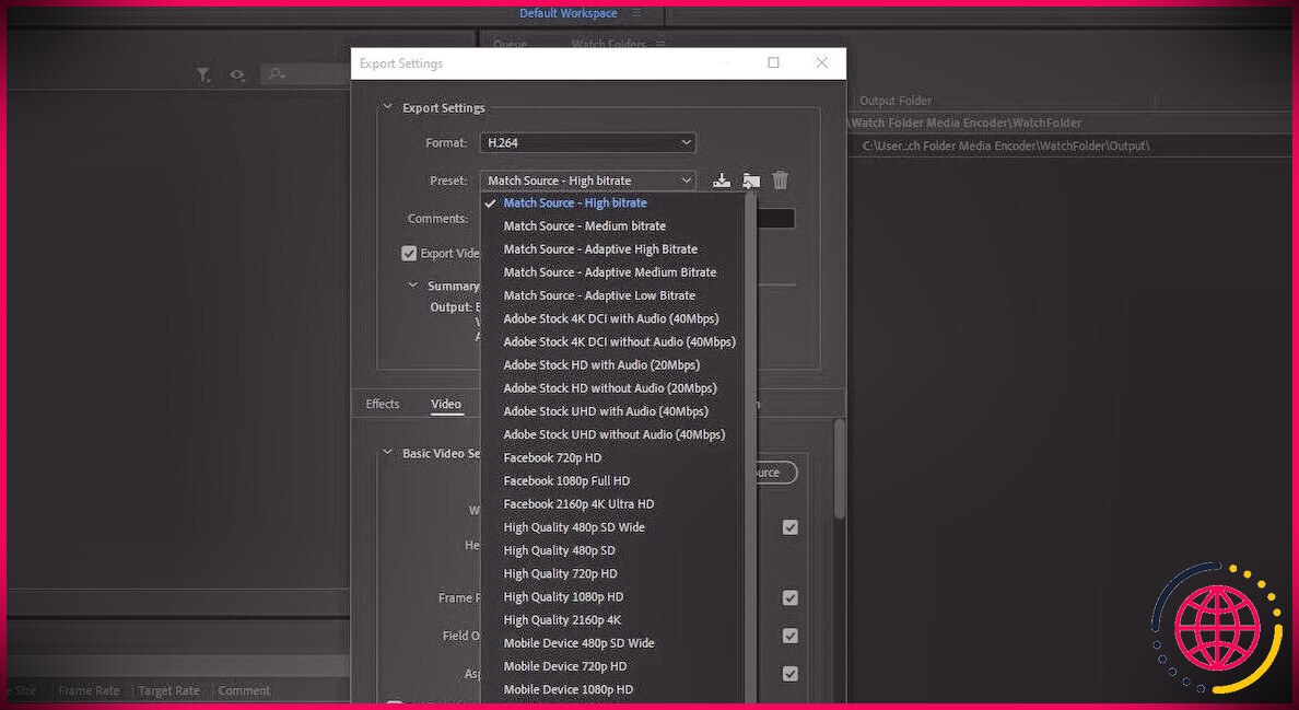 Format et préréglages pour le dossier de surveillance dans Adobe Media Encoder