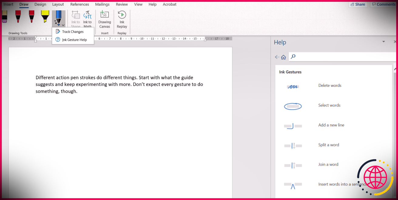 Guide des gestes de l'outil Stylet d'action sur Microsoft Word