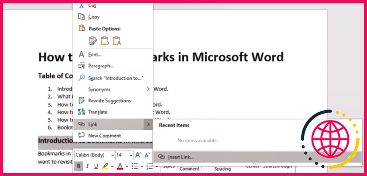 Lien de signet Microsoft Word sélection par clic droit