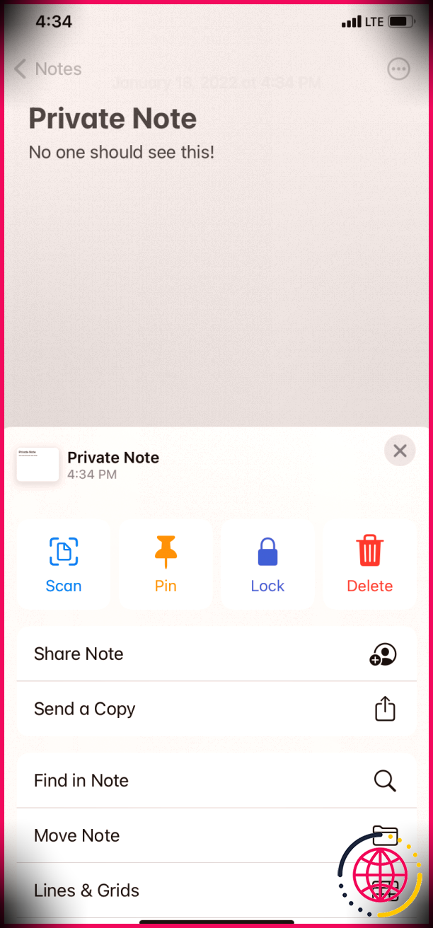 L'image montre les options de l'application Notes sur un iPhone