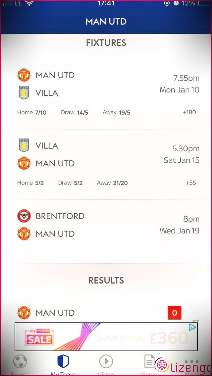 L'onglet Mon équipe sur l'application iOS de Sky Sports Scores.