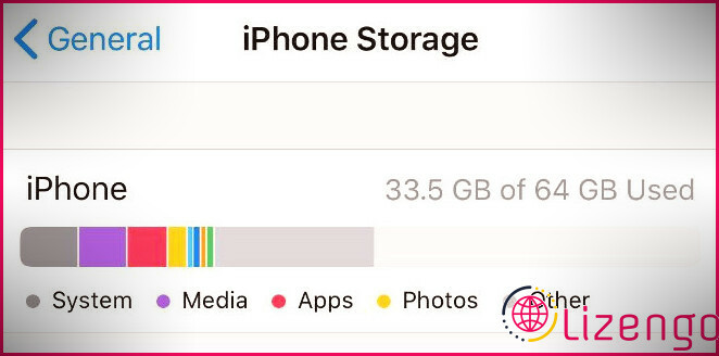 Paramètres de stockage de l'iPhone affichant 30 Go d'espace libre