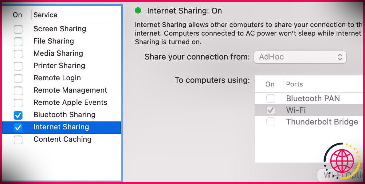 Préférences de partage macOS avec partage Internet sélectionné.