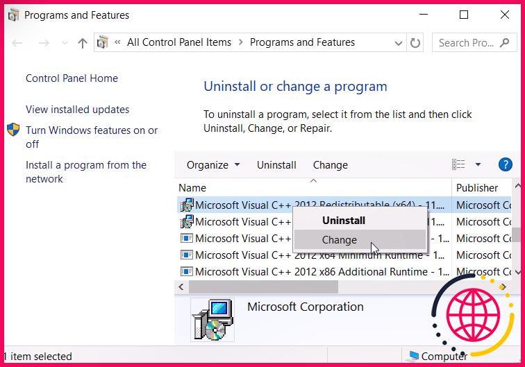 Réinstallation ou réparation des programmes Microsoft Visual C++