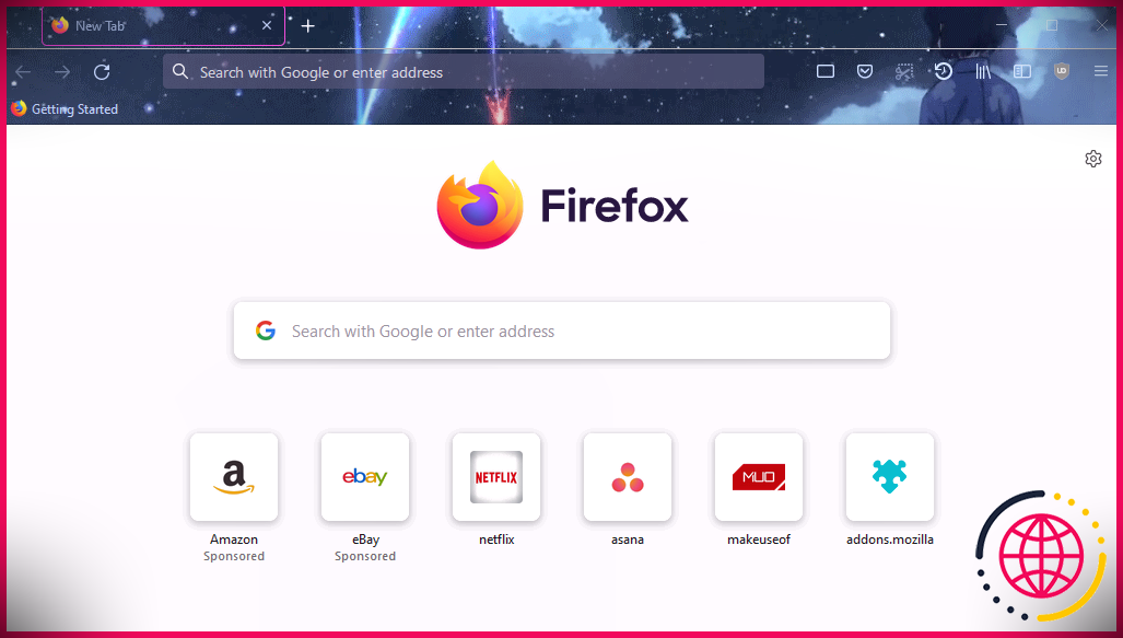 Une capture d'écran de Mozilla Firefox avec le thème Kimi no Na wa activé