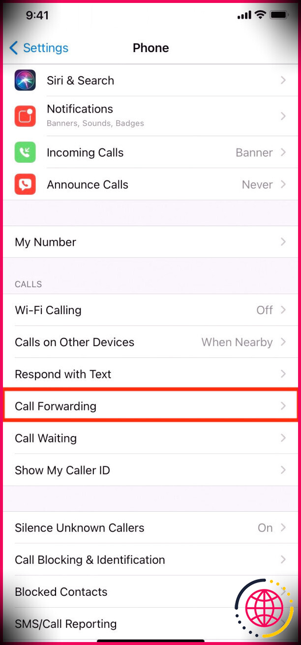 Transfert d'appel dans l'application Paramètres de l'iPhone